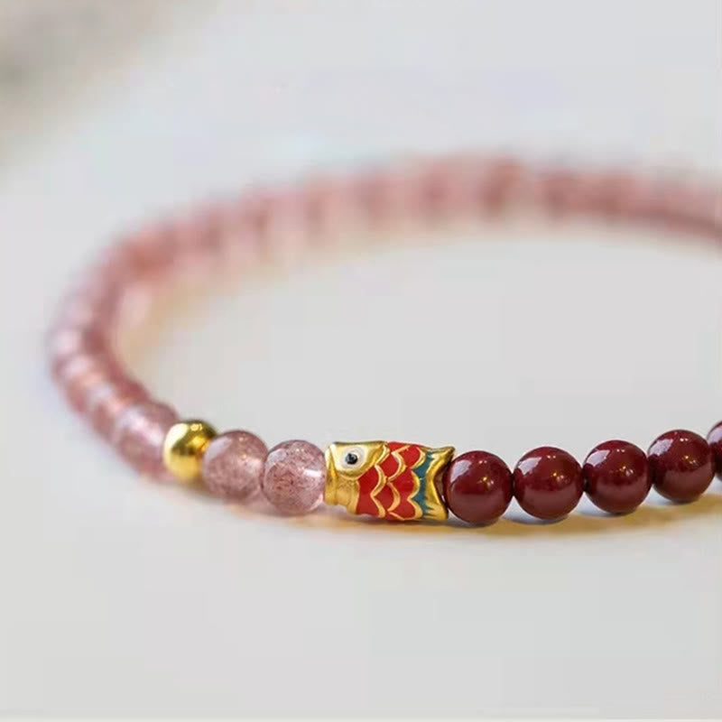 KarmaRipple's Authentic Strawberry Quartz Cinnabar Fortunate Koi Fish Balancing Bracelet p24