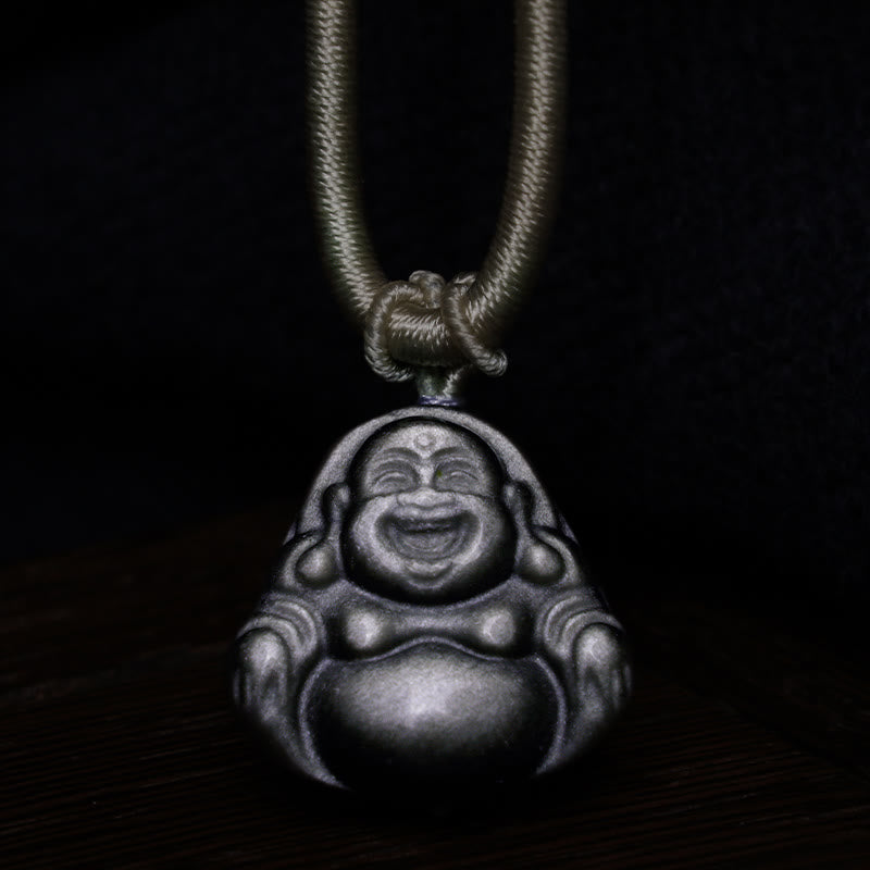 KarmaRipple's Authentic Silver Sheen Obsidian Laughing Buddha Protection Pendant Necklace p5