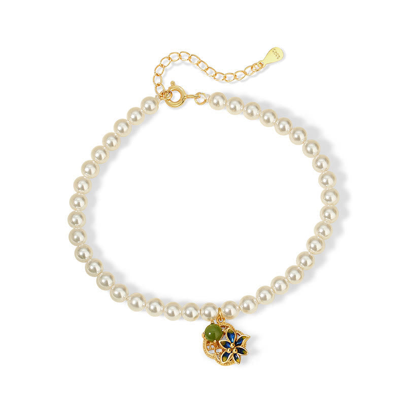 KarmaRipple's 925 Sterling Silver Four Leaf Clover Flower Hetian Cyan Jade Pearl Balancing Pendant Necklace Bracelet Earrings Set p3