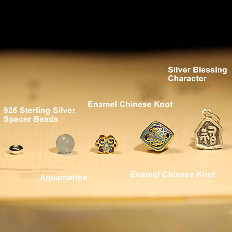 KarmaRipple's 925 Sterling Silver Indian Small Leaf Red Sandalwood Aquamarine Full of Gold Star Chinese Knotting Blessing Bracelet p12