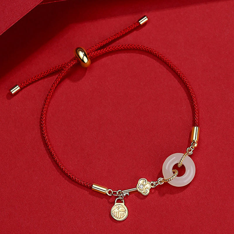 KarmaRipple's 18K Gold Plated Hetian Jade Peace Buckle Fu Character Fortune Red Rope Bracelet p1