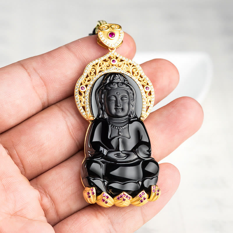KarmaRipple's 925 Sterling Silver Authentic Black Jade Kwan Yin Avalokitesvara Wealth Pendant Necklace p3