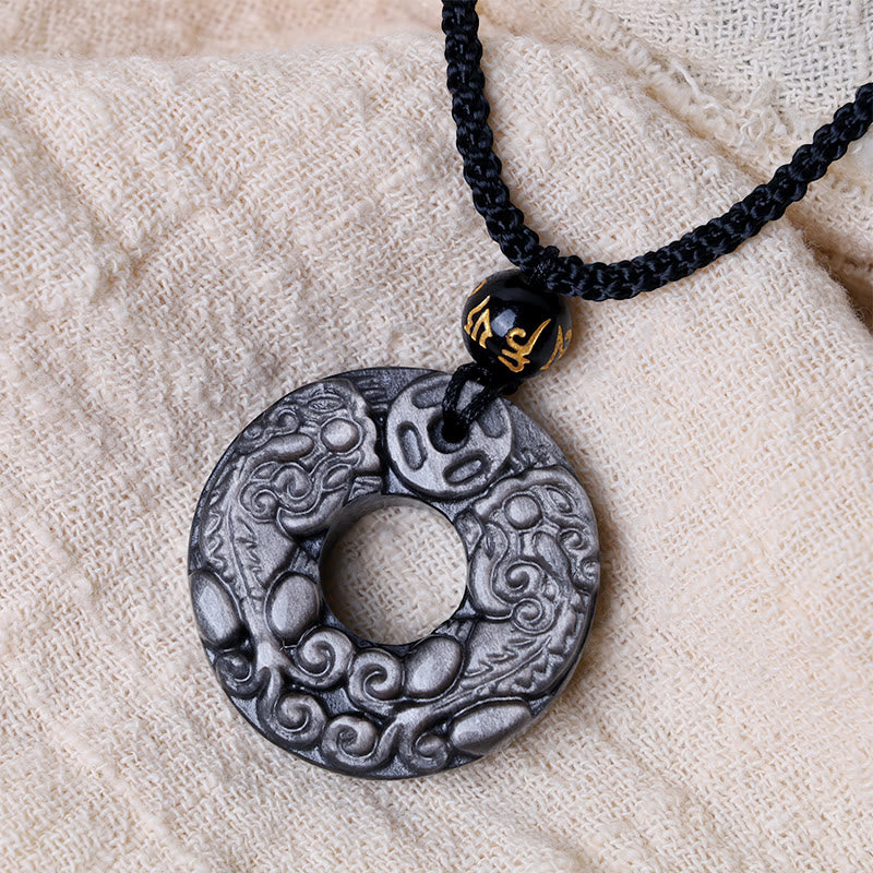 KarmaRipple's Authentic Silver Sheen Obsidian Double PiXiu Bronze Coin Peace Buckle Protection Pendant Necklace p2