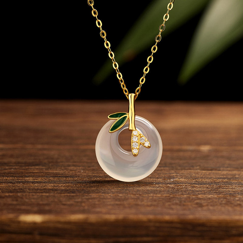 KarmaRipple's 925 Sterling Silver Authentic Chalcedony Bamboo Leaf Peace Buckle Positive Pendant Necklace ( p1