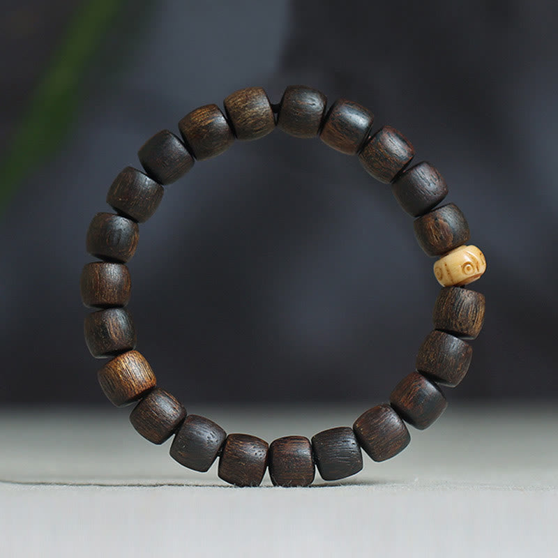 KarmaRipple's Nha Trang Rare Bai Qinan Agarwood Cyan Jade Red Agate Laughing Buddha Tibetan Bone Strength Meditation Bracelet p49