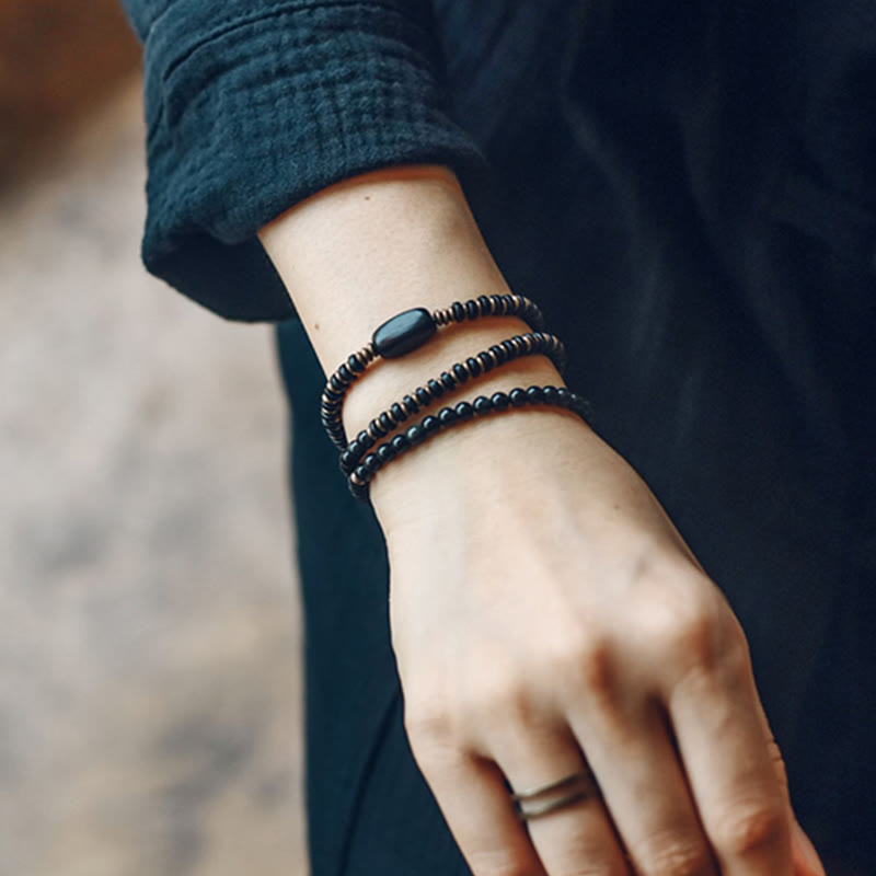 KarmaRipple's Rainbow Obsidian Ebony Wood Bronze Balancing Triple Wrap Bracelet p14