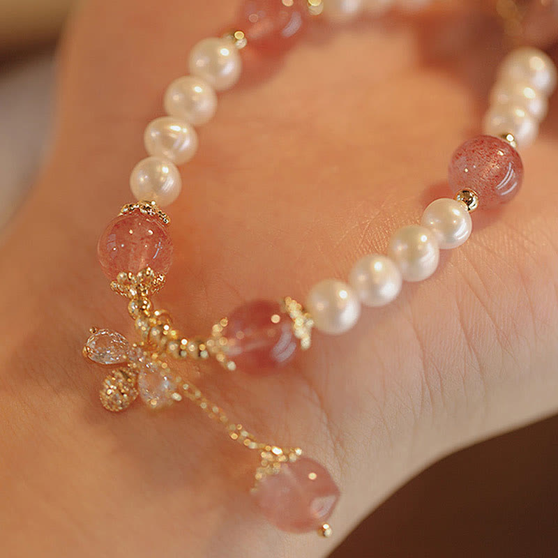 KarmaRipple's Authentic Pearl Strawberry Quartz Balancing Cute Honey Bee Talisman Bracelet p6