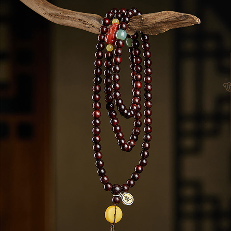 KarmaRipple's Chinese Zodiac Natal Buddha 108 Mala Beadwork Small Leaf Red Sandalwood Red Agate PiXiu Protection Bracelet p9