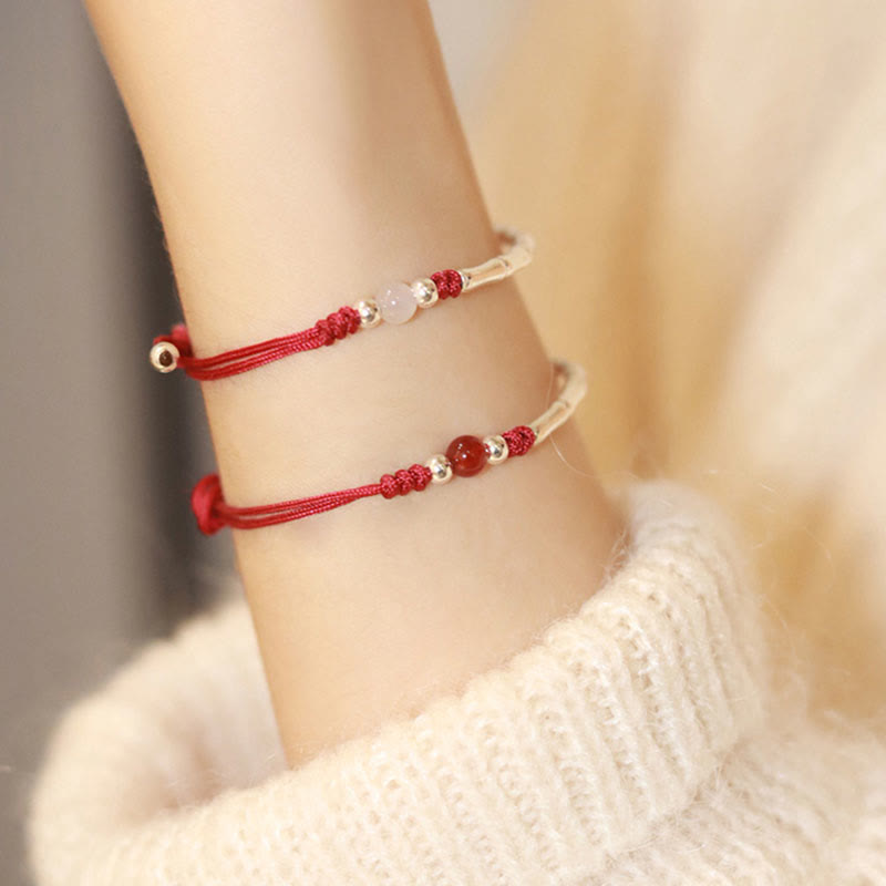 KarmaRipple's 925 Sterling Silver Bamboo Ivory Agate Red Agate Bead Protection String Woven Bracelet p3