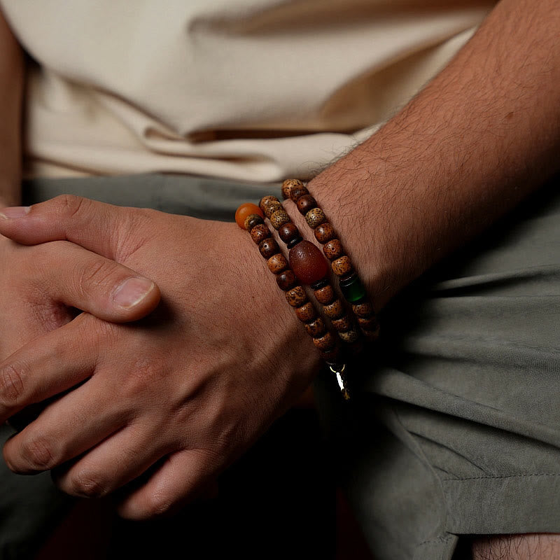 KarmaRipple's Tibetan Bodhi Seed Amber Dzi Bead Agate Zakiram Goddess of Wealth Beadwork Triple Wrap Bracelet p14