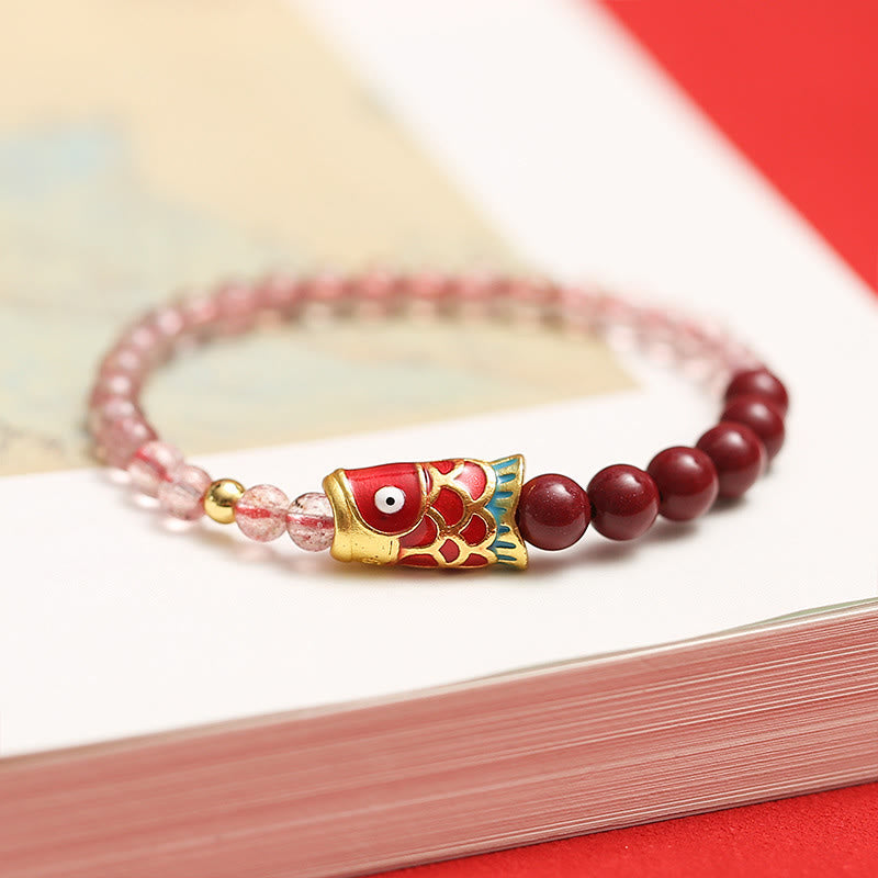 KarmaRipple's Authentic Strawberry Quartz Cinnabar Fortunate Koi Fish Balancing Bracelet p6