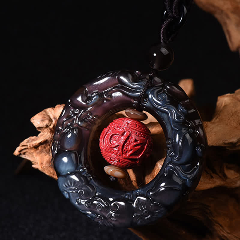 KarmaRipple's FengShui Authentic Rainbow Obsidian PiXiu Cinnabar Balancing Pendant Necklace p5