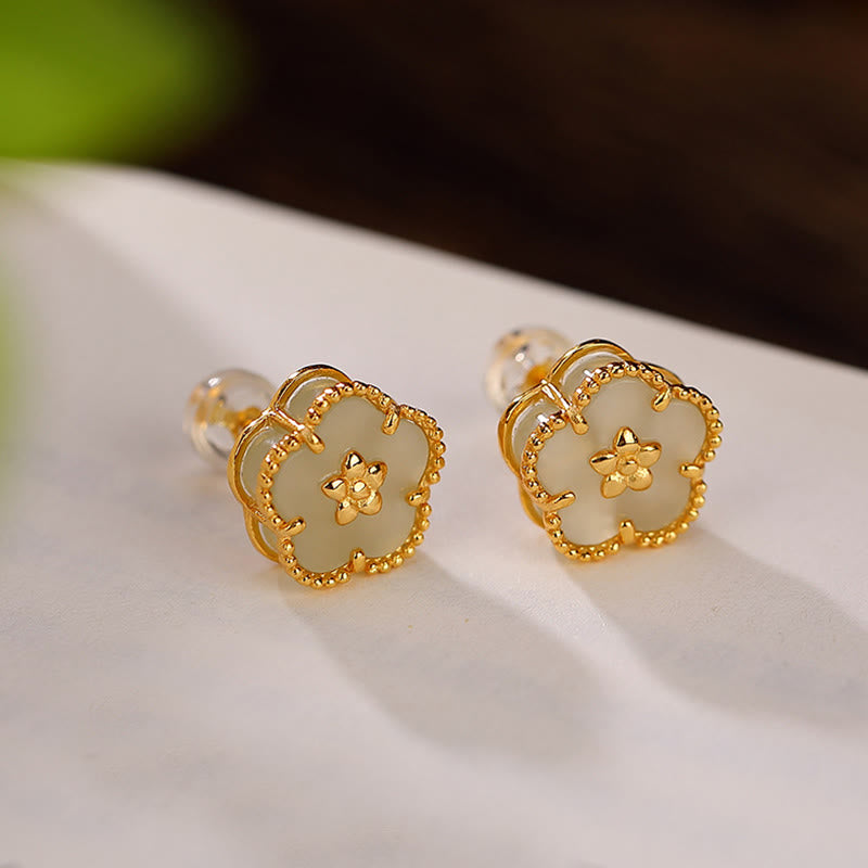 KarmaRipple's 925 Sterling Silver Hetian Jade Plum Flower Fortune Stud Earrings p6