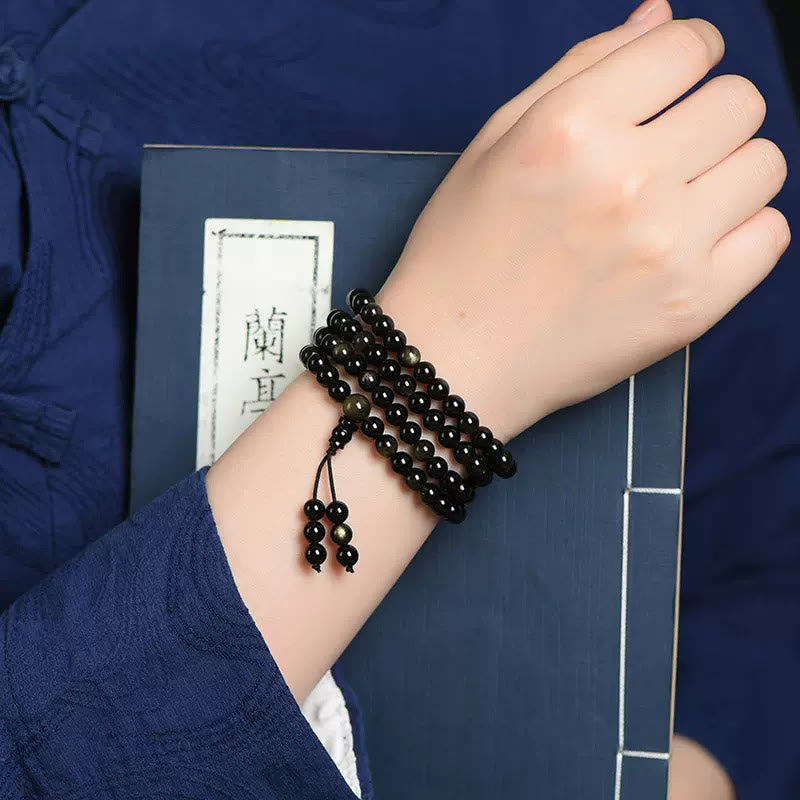 KarmaRipple's 108 Mala Beadwork Authentic Gold Sheen Obsidian Wealth Bracelet p5