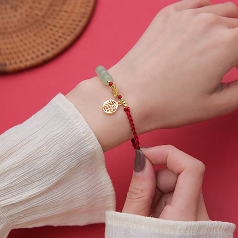 KarmaRipple's Handcrafted Jade Bead Fu Character Talisman Fortune Red Rope Bracelet p15