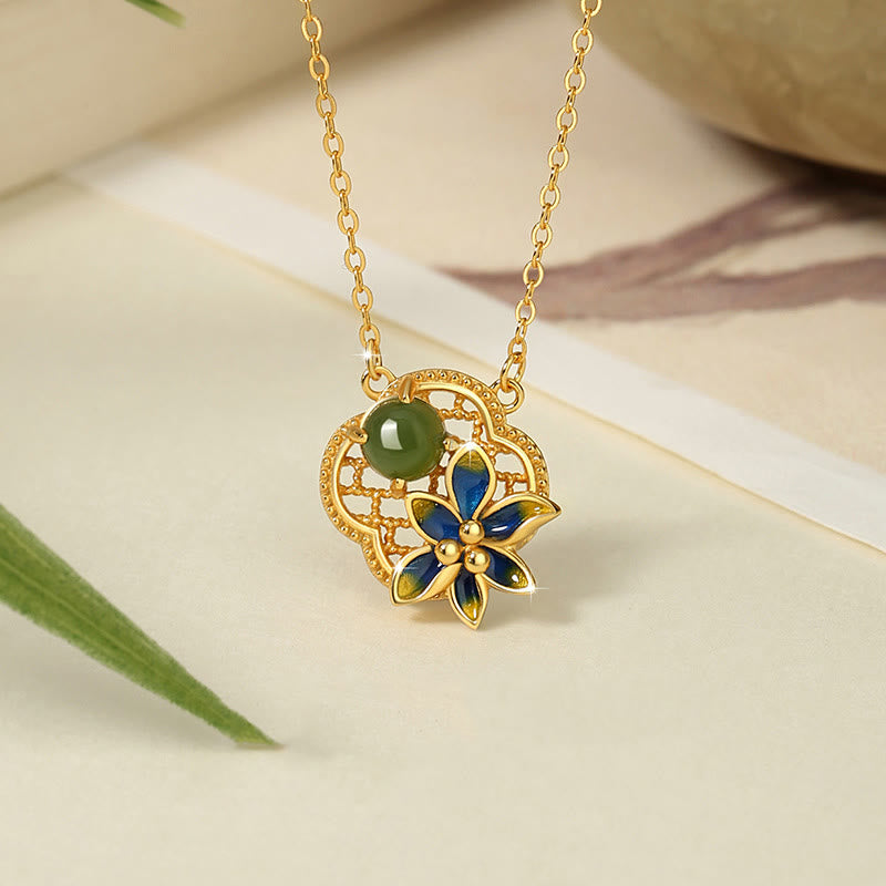 KarmaRipple's 925 Sterling Silver Four Leaf Clover Flower Hetian Cyan Jade Pearl Balancing Pendant Necklace Bracelet Earrings Set p16