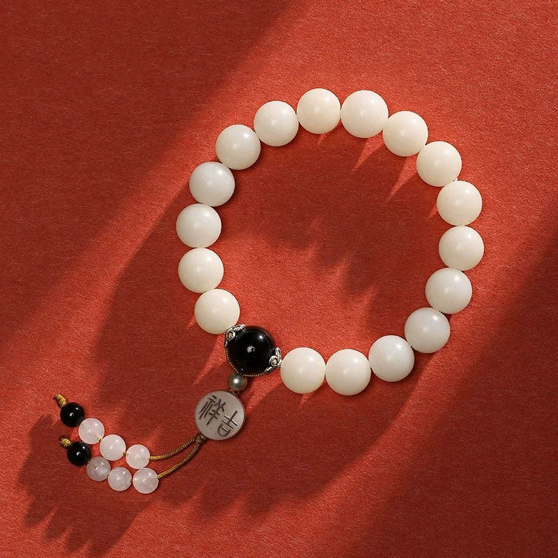 KarmaRipple's Bodhi Seed Red Agate Black Obsidian Pink Gemstone Rutilated Quartz Peace Wrist Mala Bracelet p19