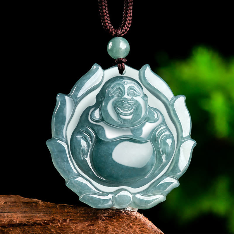 KarmaRipple's Authentic Jade Laughing Buddha Lotus Pattern Fortune Pendant Necklace p3