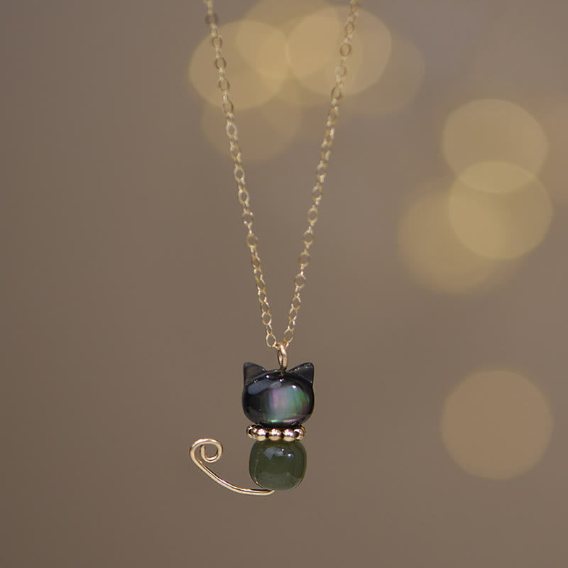 KarmaRipple's 14K Gold Plated Pearl Hetian Jade Shell Fortune Cat Kitten Pendant Necklace p14