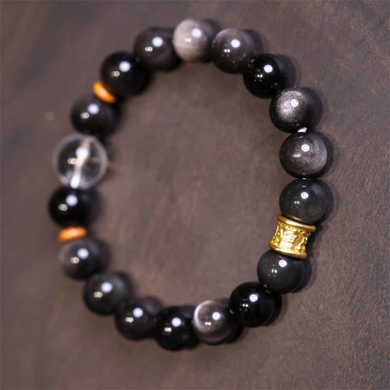 KarmaRipple's Authentic Silver Sheen Obsidian Gemstone Om Mani Padme Hum Bead Protection Bracelet p5