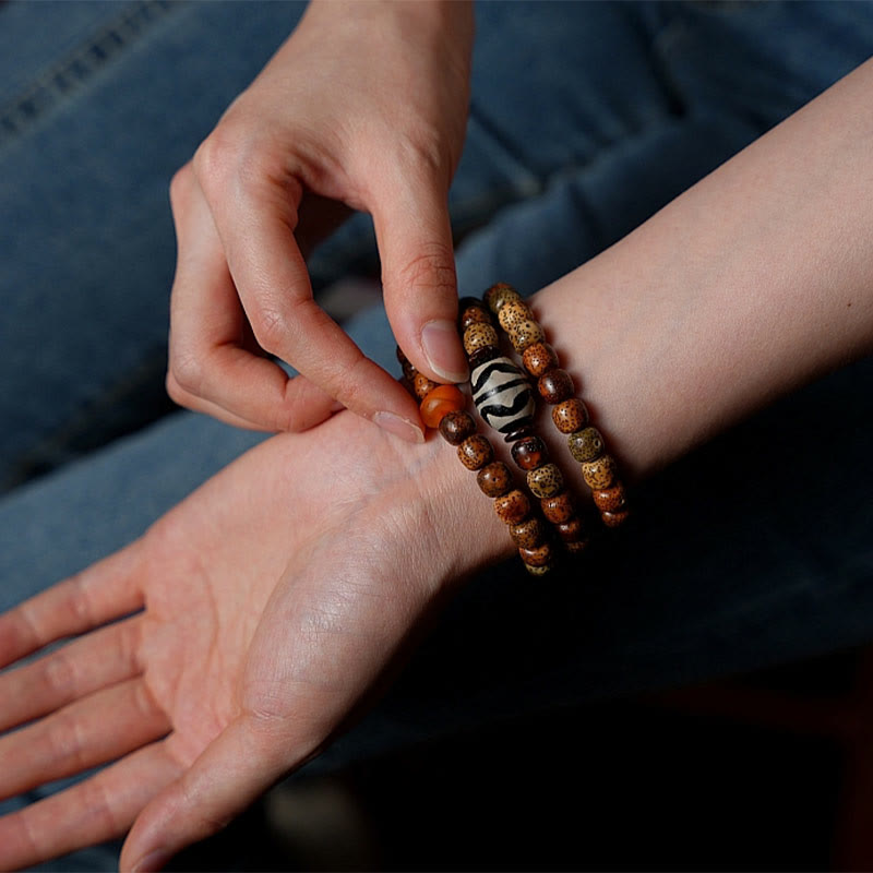 KarmaRipple's Tibetan Bodhi Seed Amber Dzi Bead Agate Zakiram Goddess of Wealth Beadwork Triple Wrap Bracelet p17