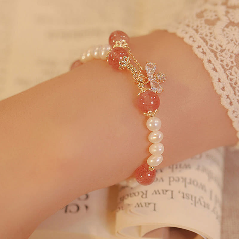 KarmaRipple's Authentic Pearl Strawberry Quartz Balancing Cute Honey Bee Talisman Bracelet p3