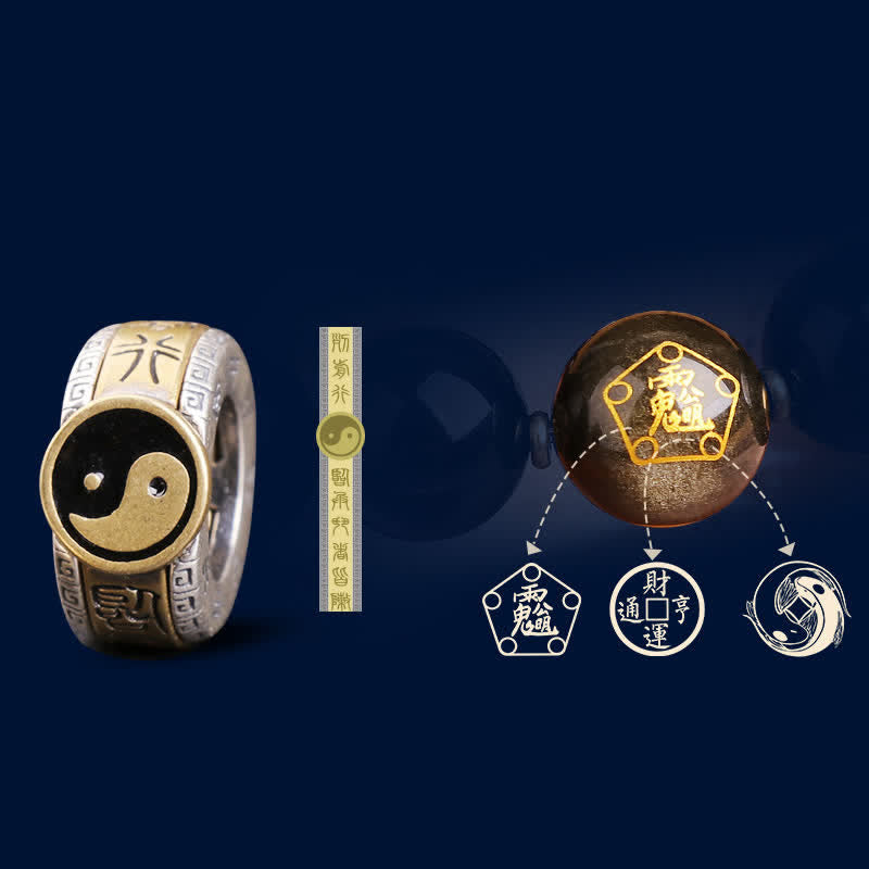 KarmaRipple's 925 Sterling Silver Black Obsidian Gold Sheen Obsidian Silver Sheen Obsidian Yin Yang Protection Bracelet p23