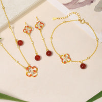 KarmaRipple's 925 Sterling Silver Four Leaf Clover Koi Fish Red Agate Pearl Wealth Bracelet Pendant Necklace Earrings Set