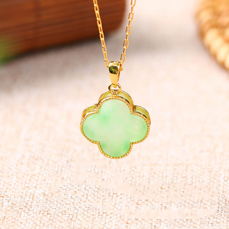 KarmaRipple's Four Leaf Clover Jade Pattern Fortune Pendant Necklace p2