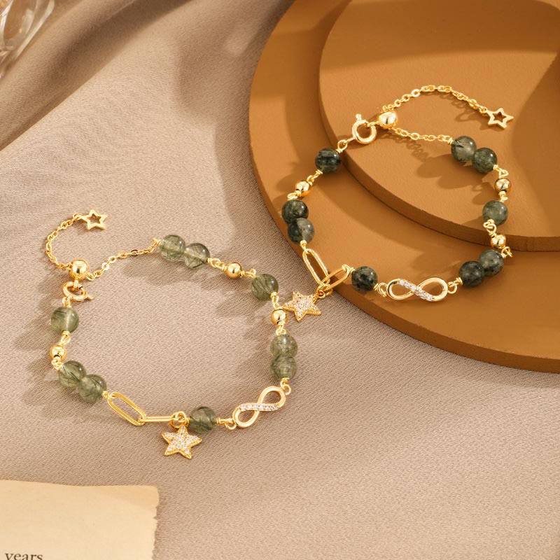 KarmaRipple's 14K Gold Green Rutilated Quartz M?bius Loop Eternal Love Star Protection Bracelet p7