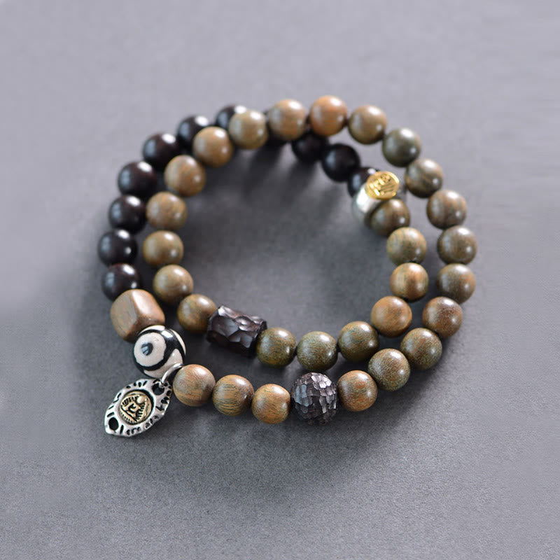 KarmaRipple's Tibetan Green Sandalwood Ebony Wood Three-eyed Dzi Bead Fu Character Balance Peace Double Wrap Bracelet p21