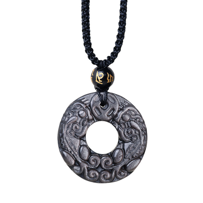 KarmaRipple's Authentic Silver Sheen Obsidian Double PiXiu Bronze Coin Peace Buckle Protection Pendant Necklace p9