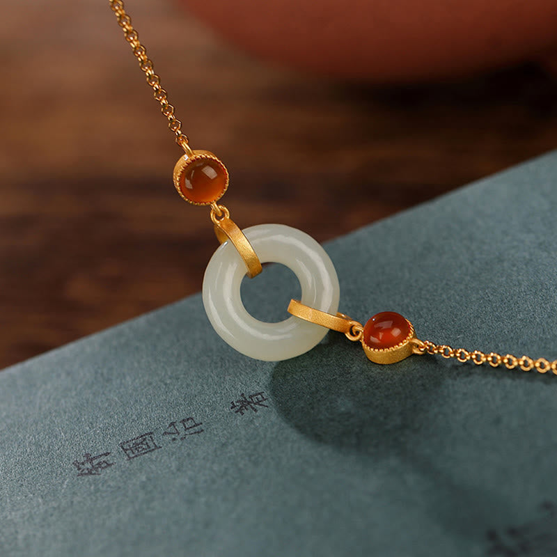 KarmaRipple's 925 Sterling Silver Plated Gold Authentic Hetian Jade Peace Buckle Red Agate Fortune Bracelet p2