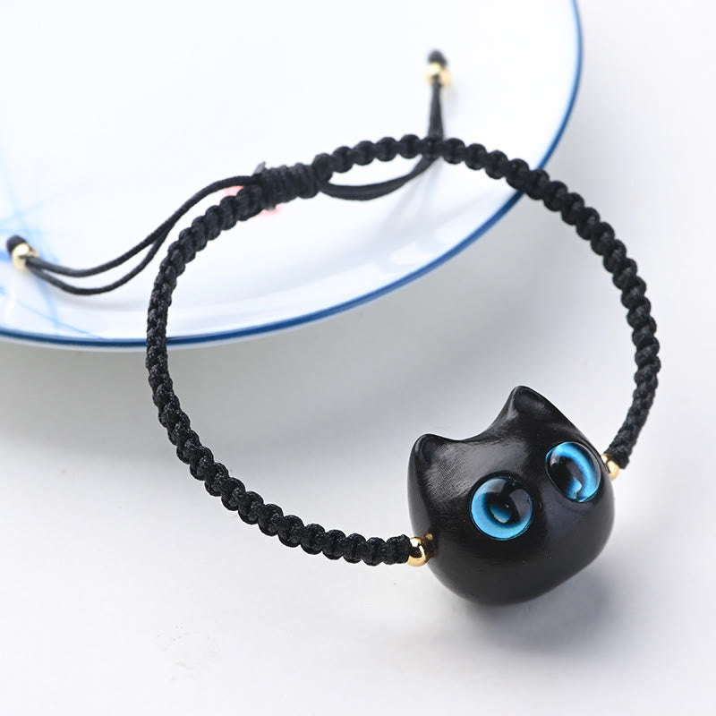 KarmaRipple's Small Leaf Red Sandalwood Ebony Wood Cute Cat Head Calm Protection Woven Bracelet p23