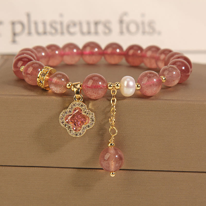 KarmaRipple's Strawberry Quartz Pearl Four Leaf Clover Talisman Balancing Bracelet p12