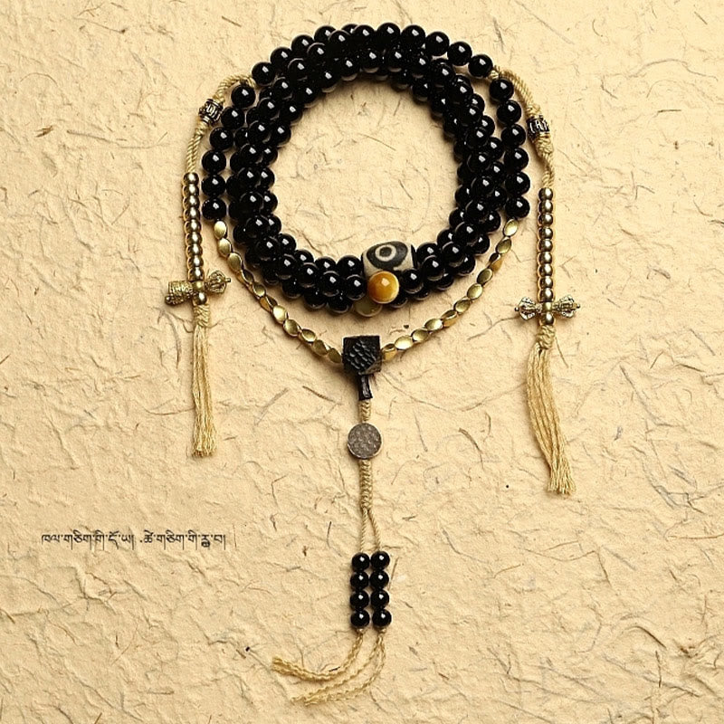 KarmaRipple's Tibetan 108 Mala Beadwork Black Onyx Three-eyed Dzi Beadwork Protection Bracelet p12