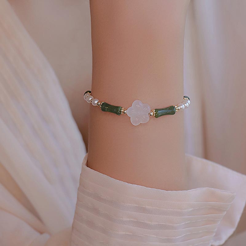 KarmaRipple's Peridot Bamboo Flower Agate Pearl Peace Bracelet p7