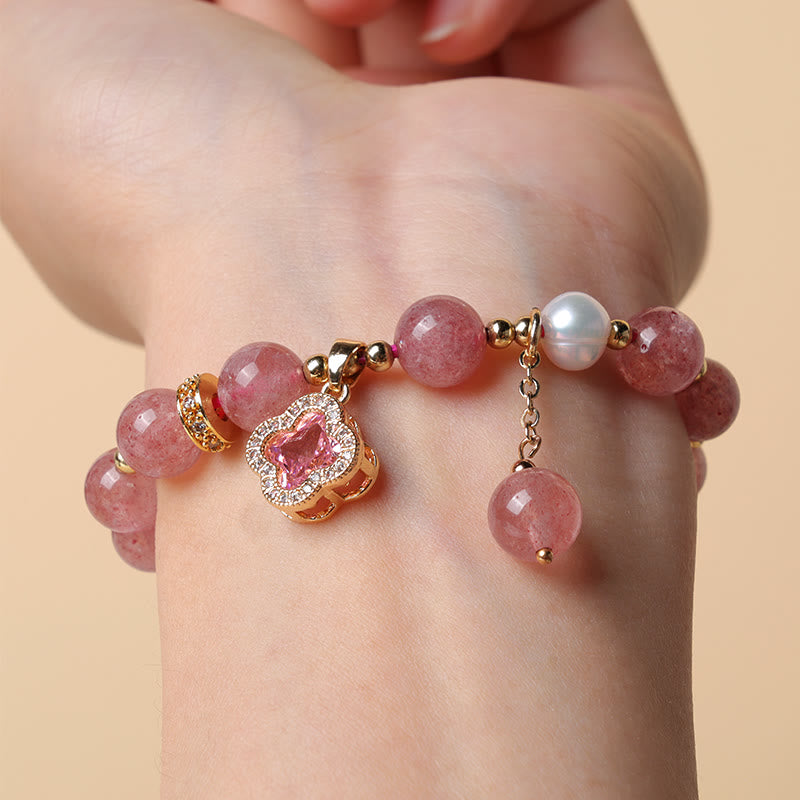 KarmaRipple's Strawberry Quartz Pearl Four Leaf Clover Talisman Balancing Bracelet p6