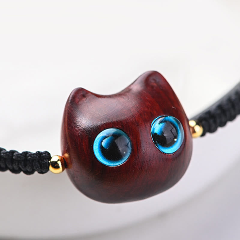 KarmaRipple's Small Leaf Red Sandalwood Ebony Wood Cute Cat Head Calm Protection Woven Bracelet p8