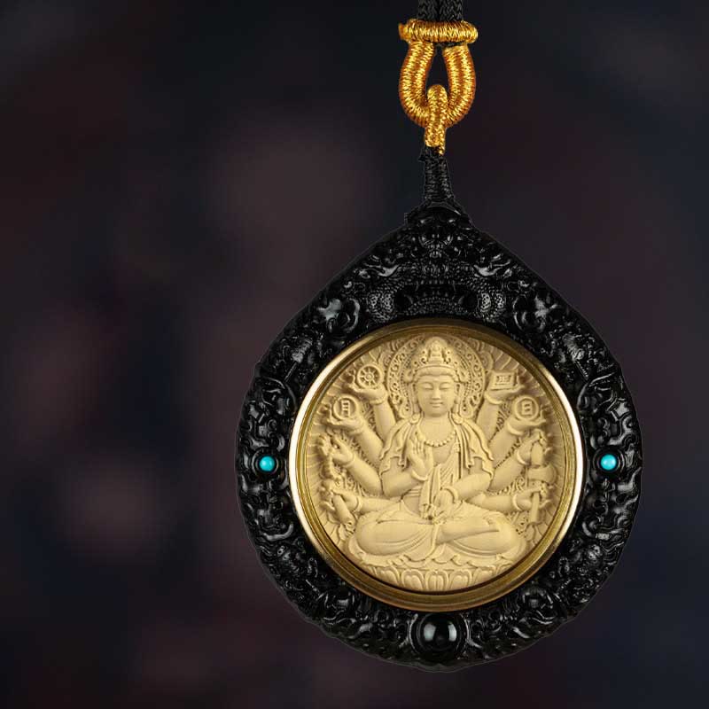 KarmaRipple's Chinese Zodiac Avalokitesvara Small Leaf Red Sandalwood Ebony Longevity Pendant Necklace p2