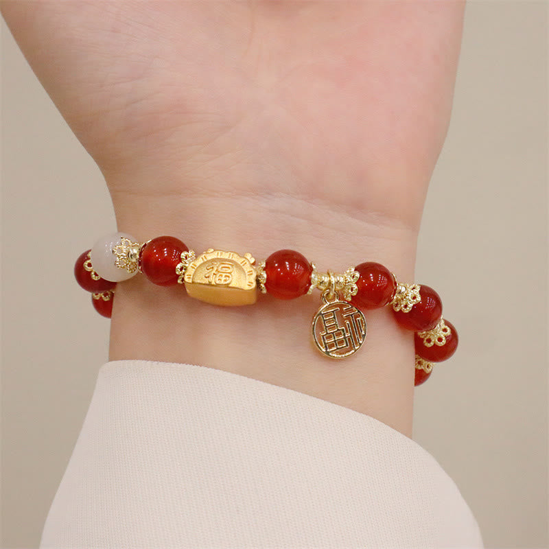 KarmaRipple's Year Of The Dragon Red Agate Strawberry Quartz Black Obsidian Jade Garnet Pearl Cinnabar Dumpling Dragon Fortune Fu Character Bracelet p12