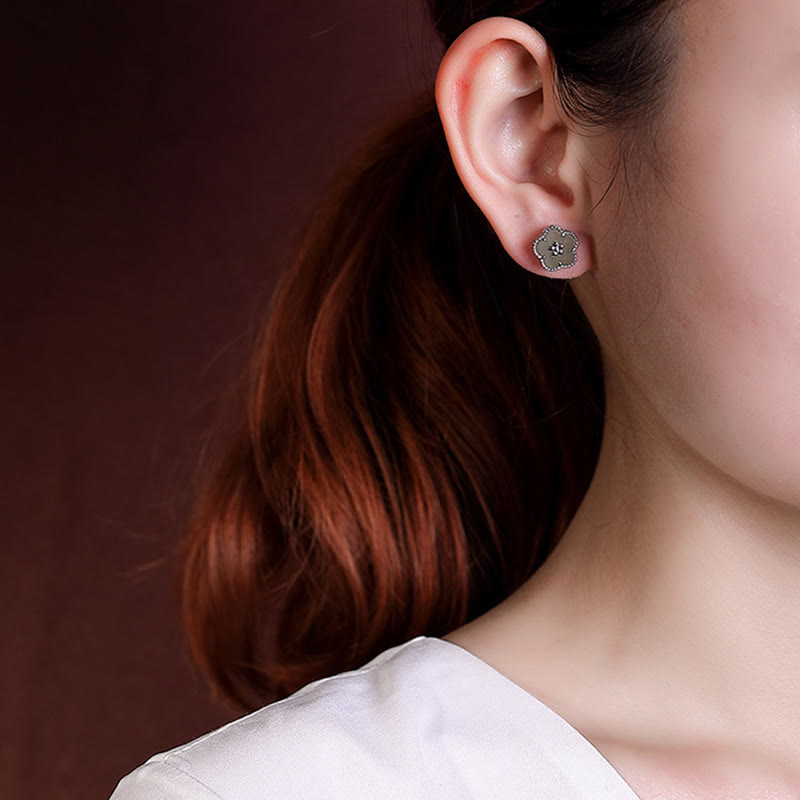 KarmaRipple's 925 Sterling Silver Hetian Jade Plum Flower Fortune Stud Earrings p5