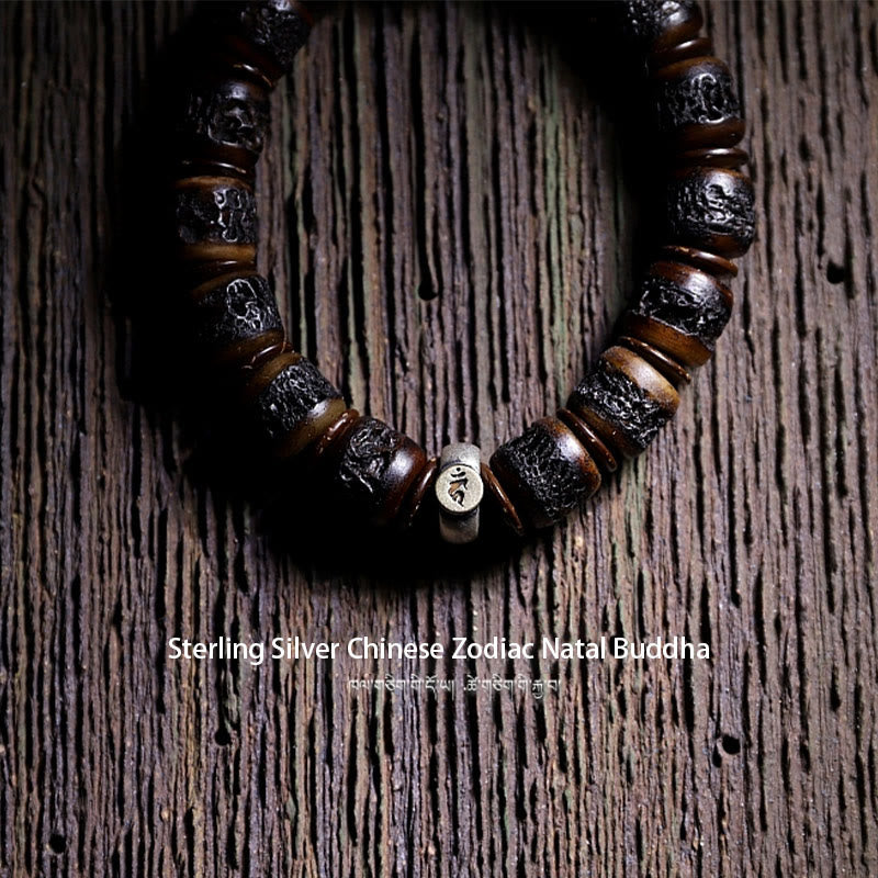 KarmaRipple's 925 Sterling Silver Chinese Zodiac Natal Buddha Handmade Tibet Yak Bone Strength Bracelet p10