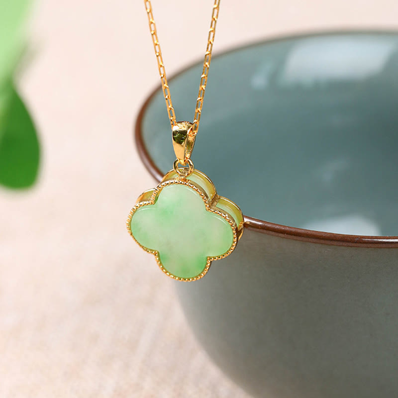KarmaRipple's Four Leaf Clover Jade Pattern Fortune Pendant Necklace p3