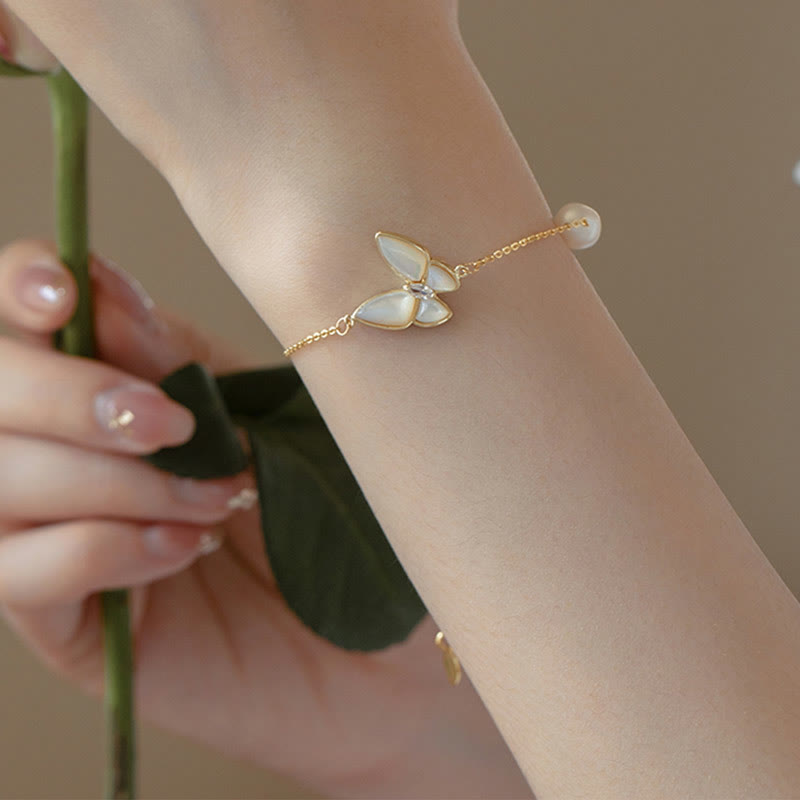 KarmaRipple's 14K Gold Plated Bronze Pearl Tridacna Stone Butterfly Blessing Ring Bracelet Pendant Necklace Earrings Set p3