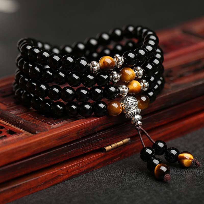 KarmaRipple's Black Obsidian Tiger Eye Blessing Mala Bracelet p8