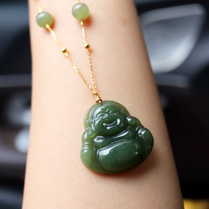 KarmaRipple's Laughing Buddha Hetian Jade Fortune Pendant Bead Chain Necklace p1