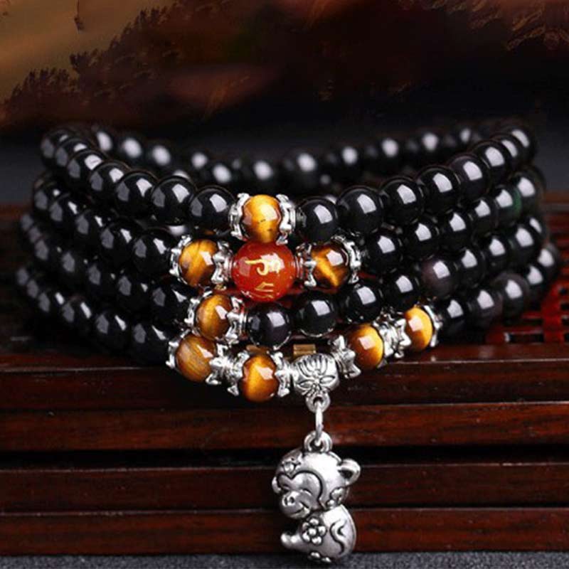 KarmaRipple's Chinese Zodiac 108 Beadwork Black Obsidian Tiger Eye Fortune Mala Bracelet p9