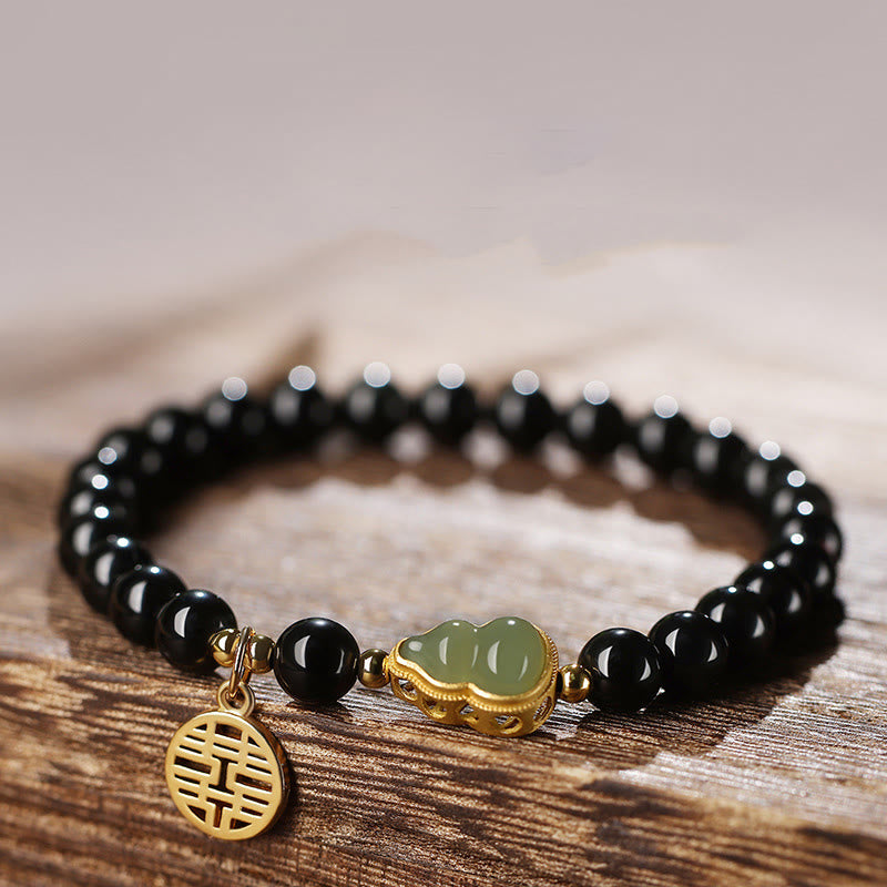 KarmaRipple's Authentic Black Obsidian Hetian Jade Gourd Double Happiness Strength Bracelet p18
