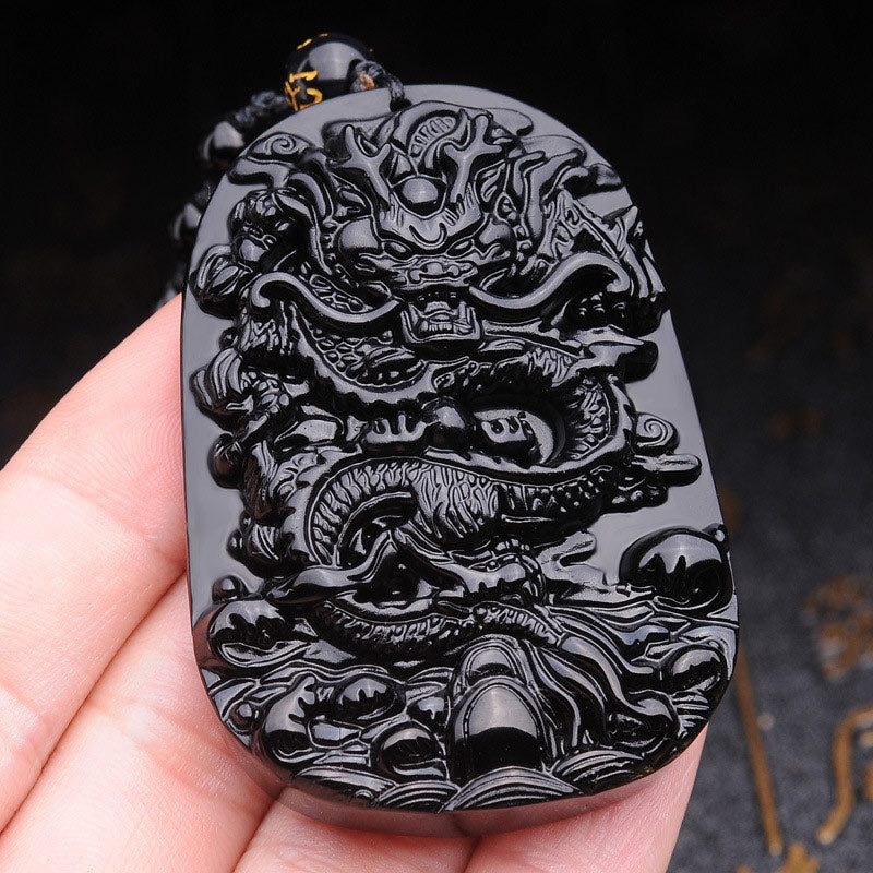 KarmaRipple's Black Obsidian Stone Dragon Fulfilment Necklace Pendant p3